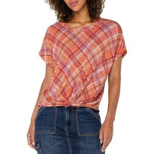 Liverpool Los Angeles Womens Plus Size Twist-Front Top 1X Clementine Multi Plaid